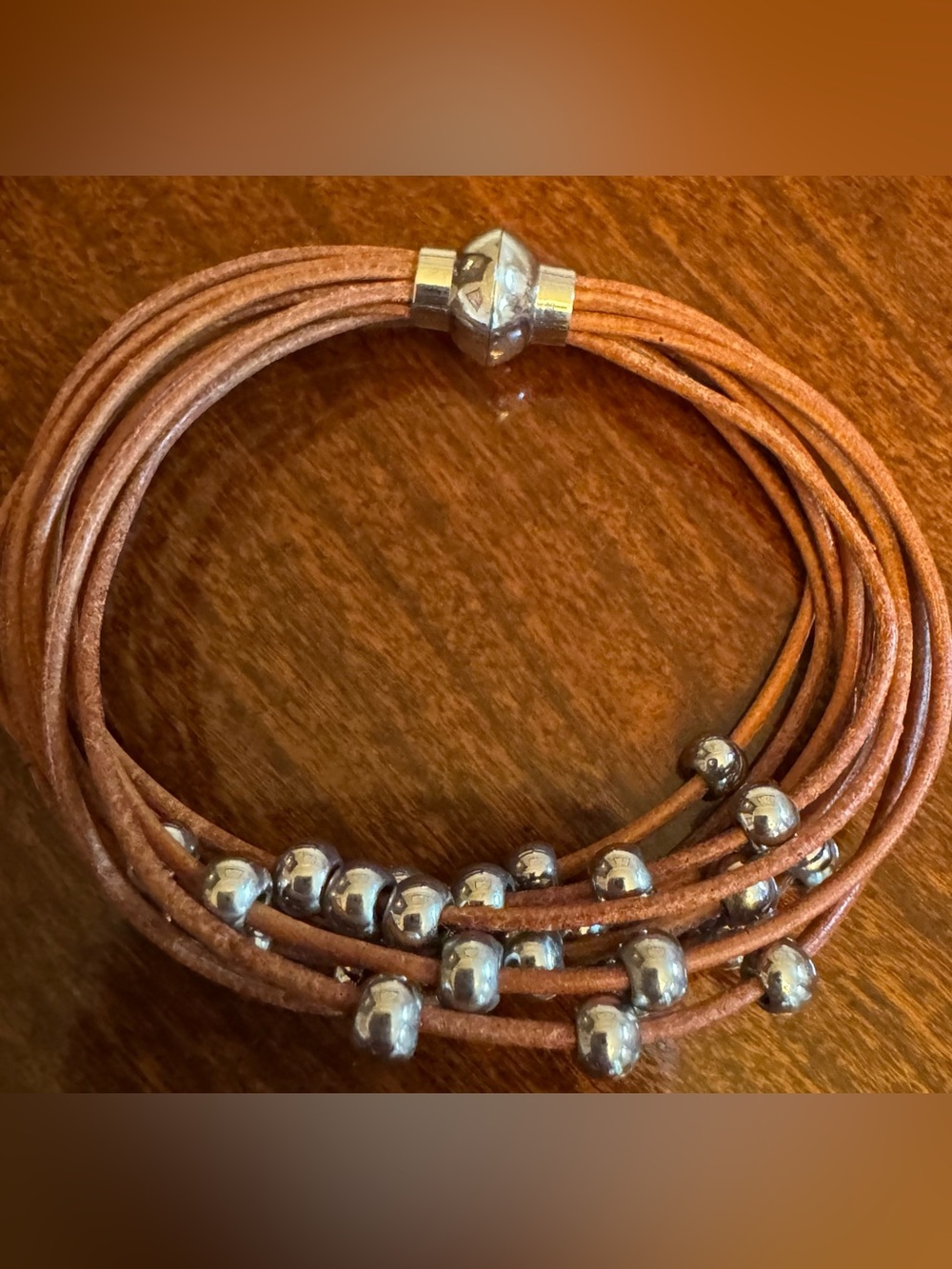 Leather Wrap Bracelet with Magnetic Closure and Silver Beads **NWOT**